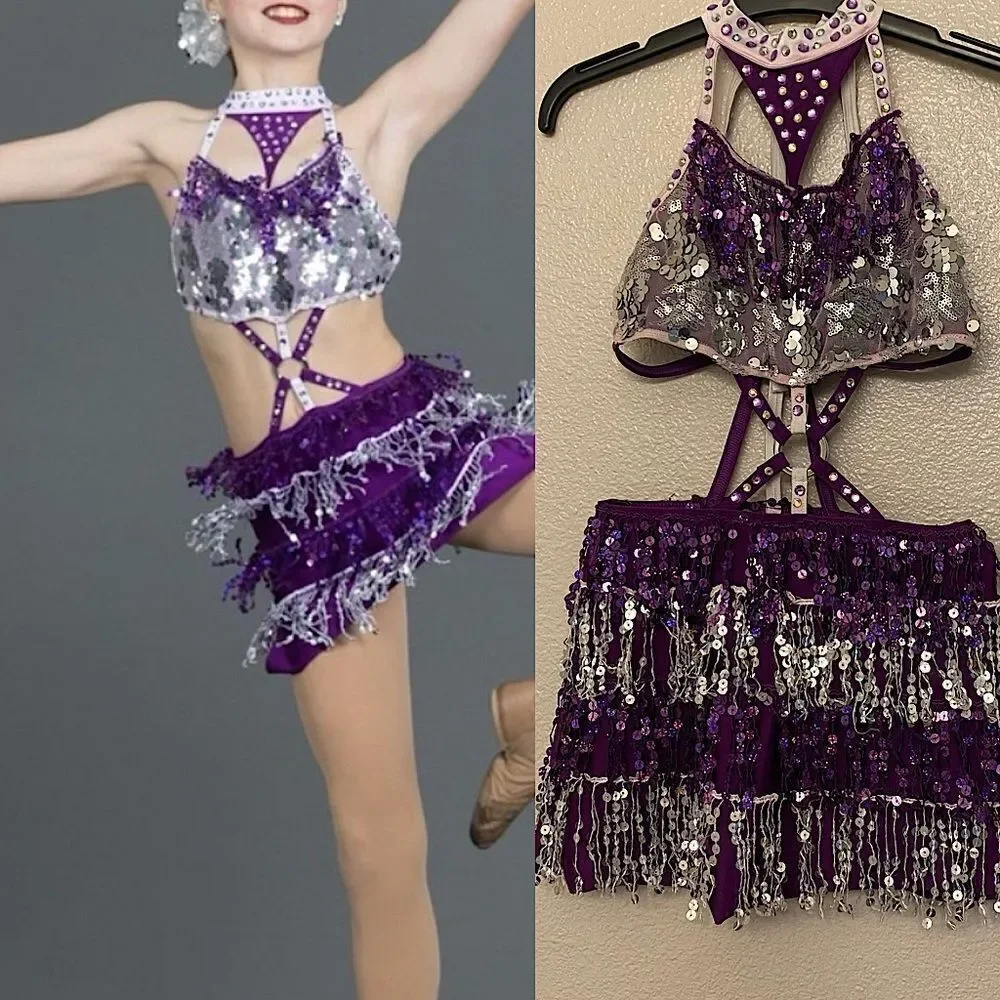 Glamour dance costume purple sequin gems rhinestone fringe embellished child M/L